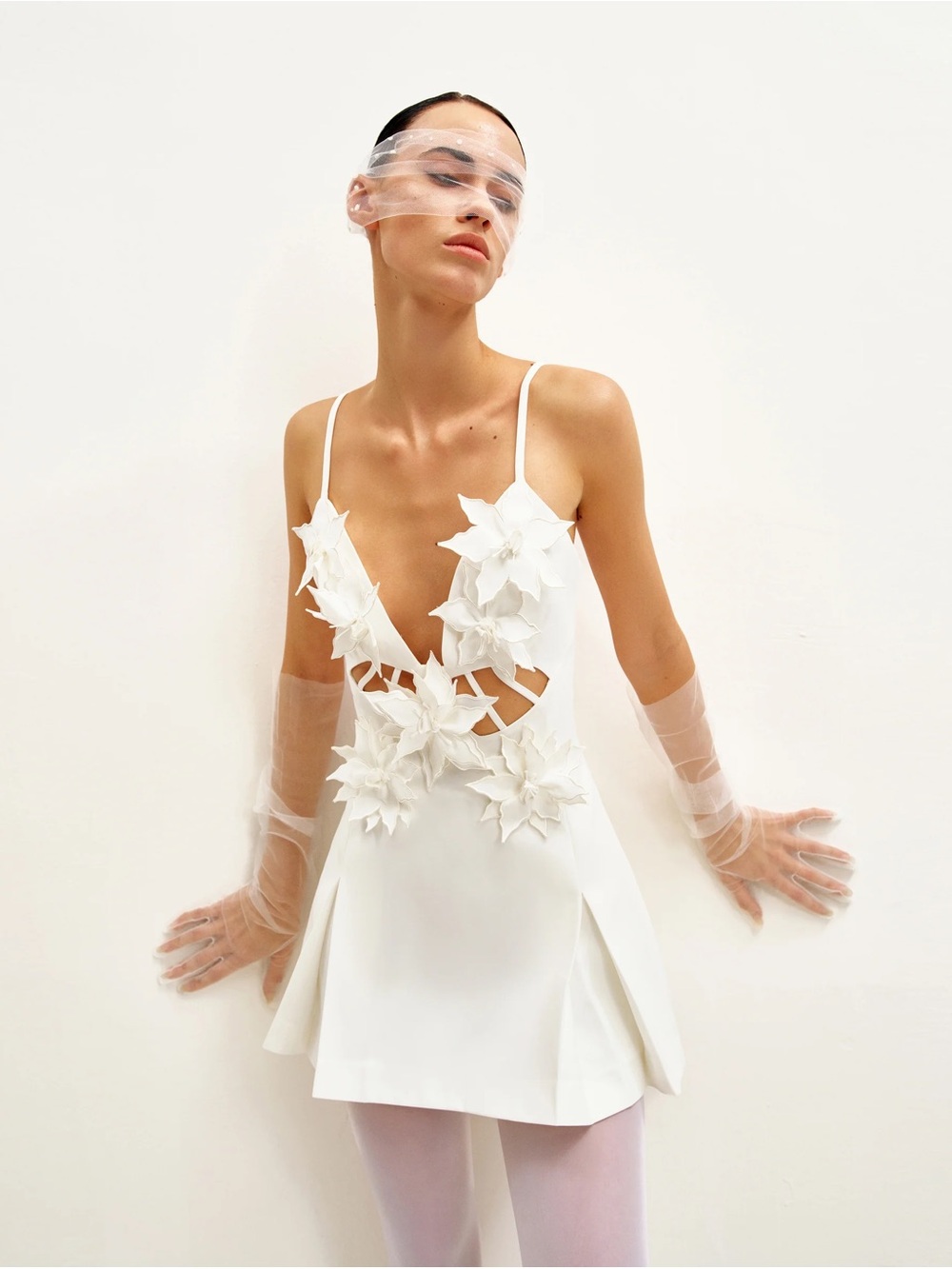 JW PEI Yuliya White Floral Embellishment V-neckline Mini Dress - White